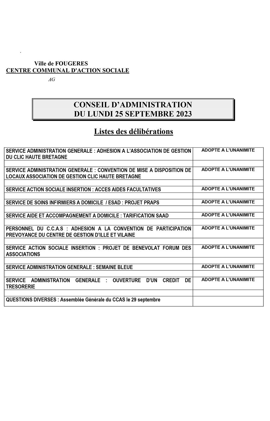 liste des deliberation du ca du ccas du 25 septembre 2023