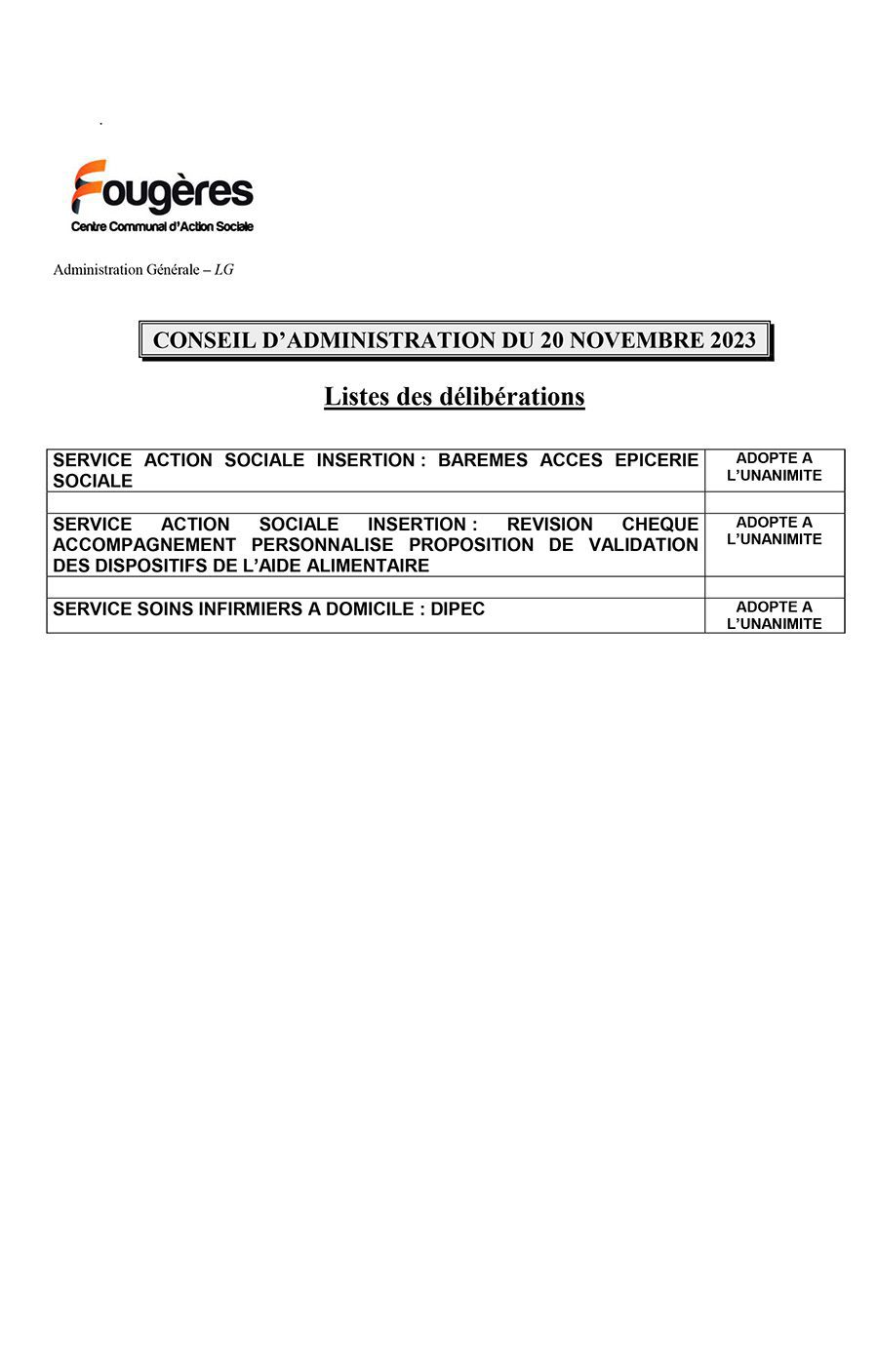 listes des délibérations du ca du ccas du 20 novembre 2023