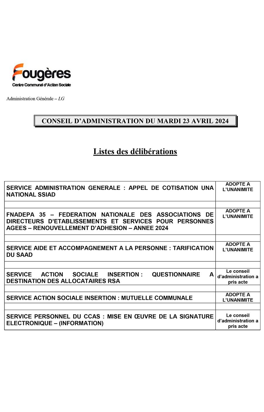 listes des deliberations du ca du ccas du 23 avril 2024
