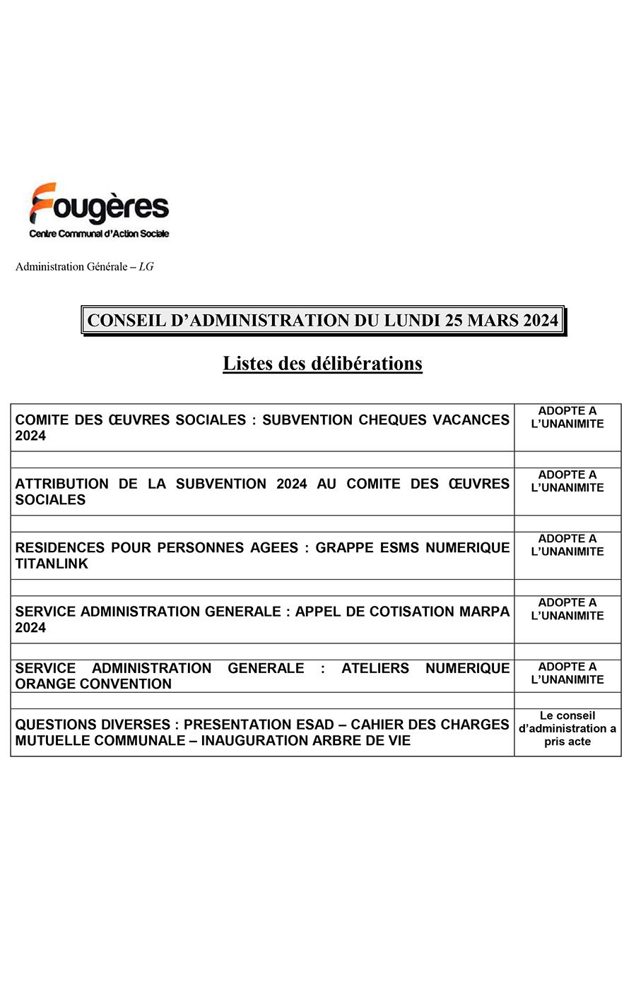 listes des deliberations du ca du ccas du 25 mars 2024
