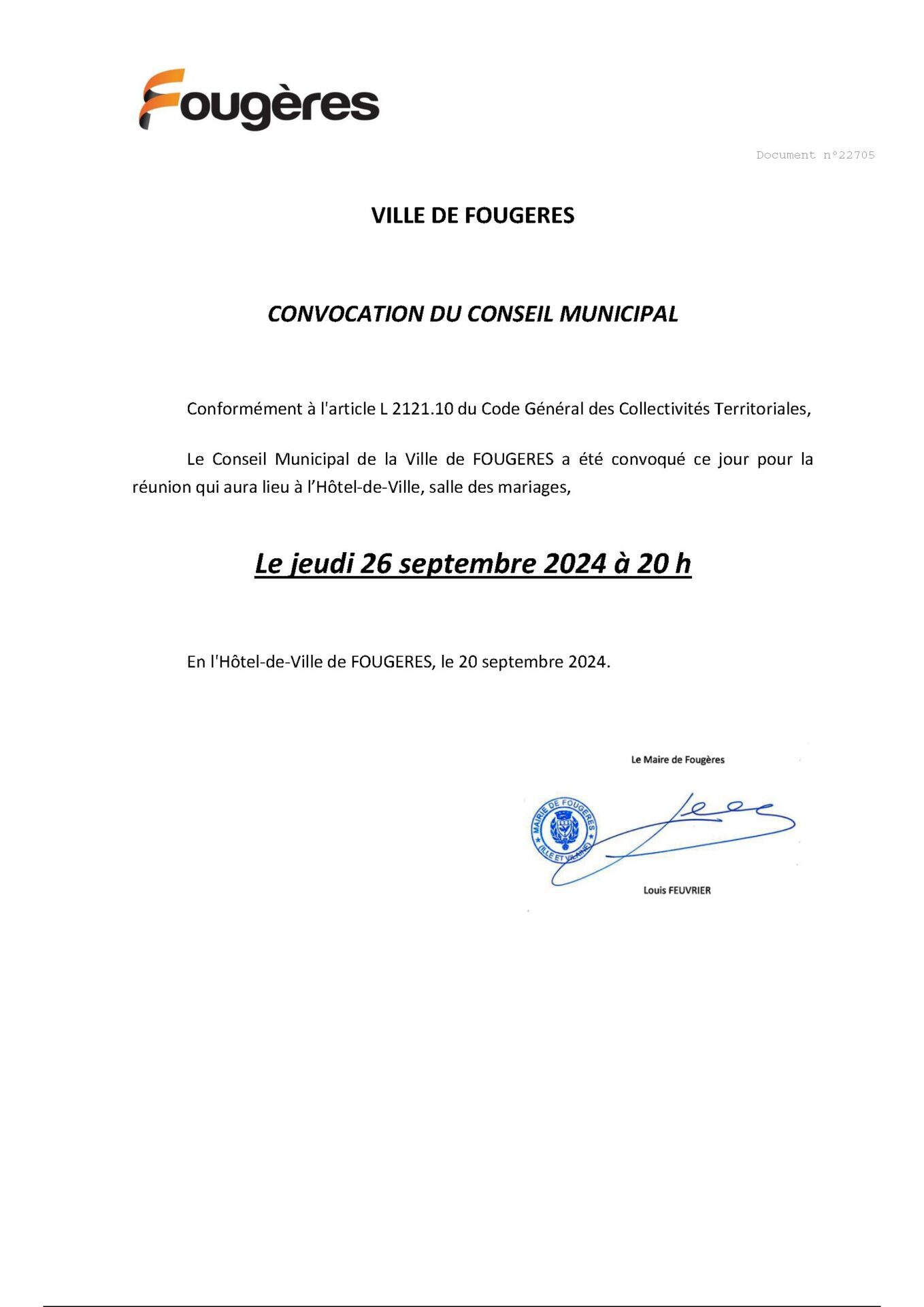 convocation - Conseil municipal Fougères 26 septembre 2024
