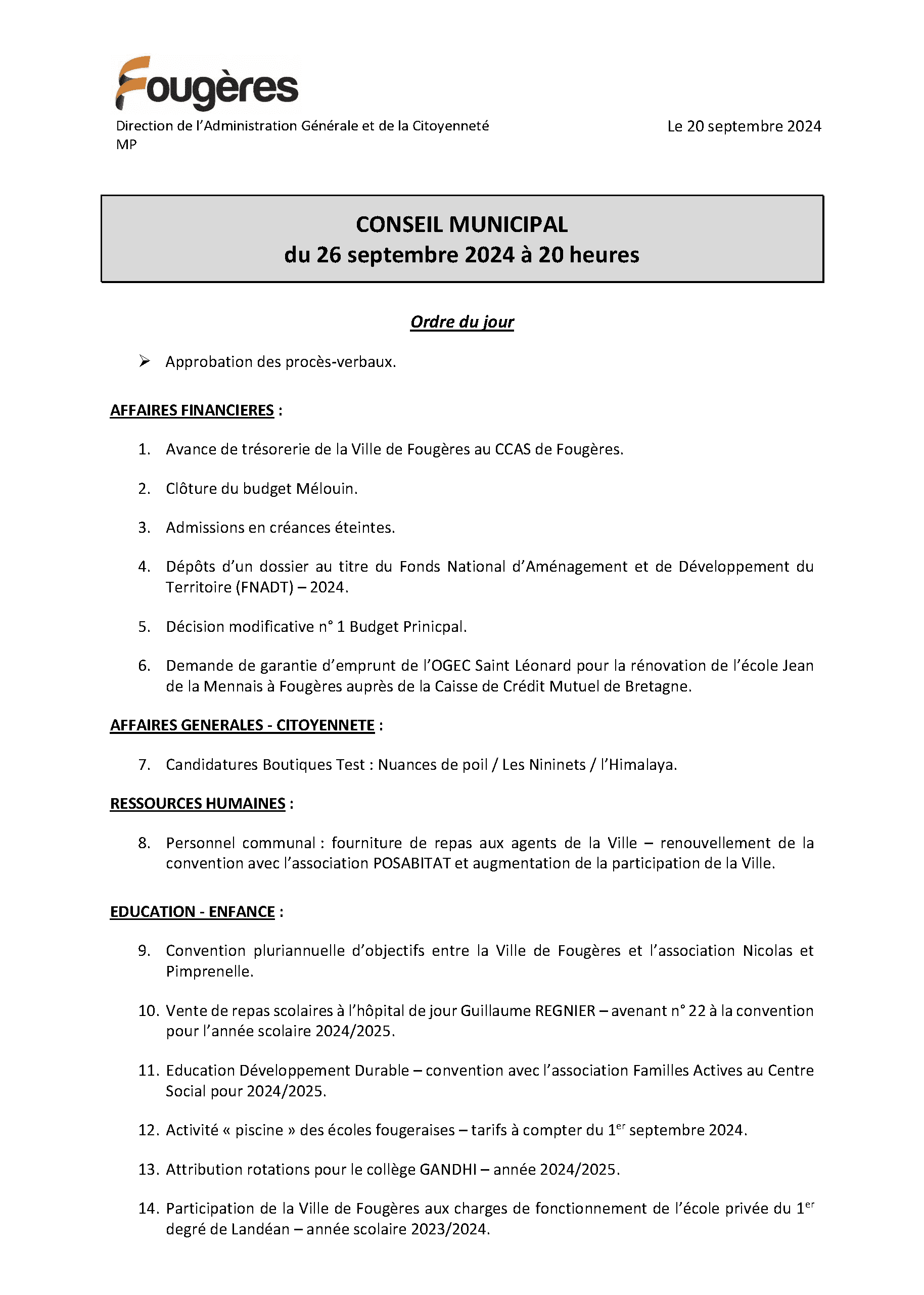 Ordre du Jour - Conseil municipal Fougères 26 septembre 2024
