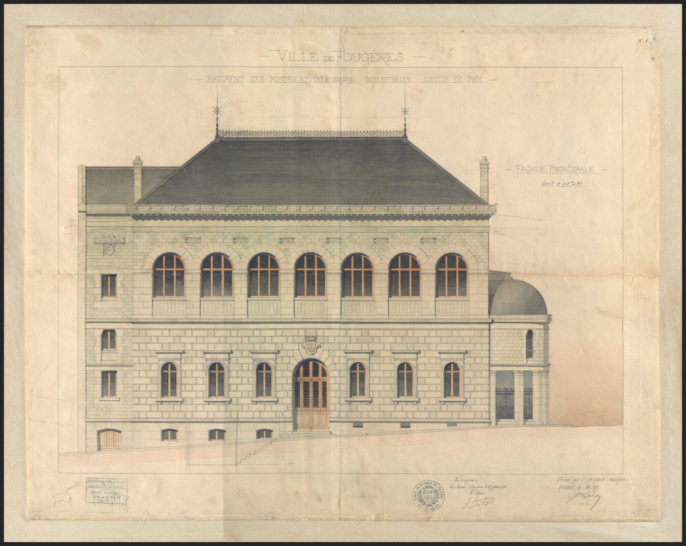Plan du bâtiment dressé par Jean-Marie Laloy en octobre 1879, il subira quelques modifications quant au résultat final Archives Municipales 10Fi7-1