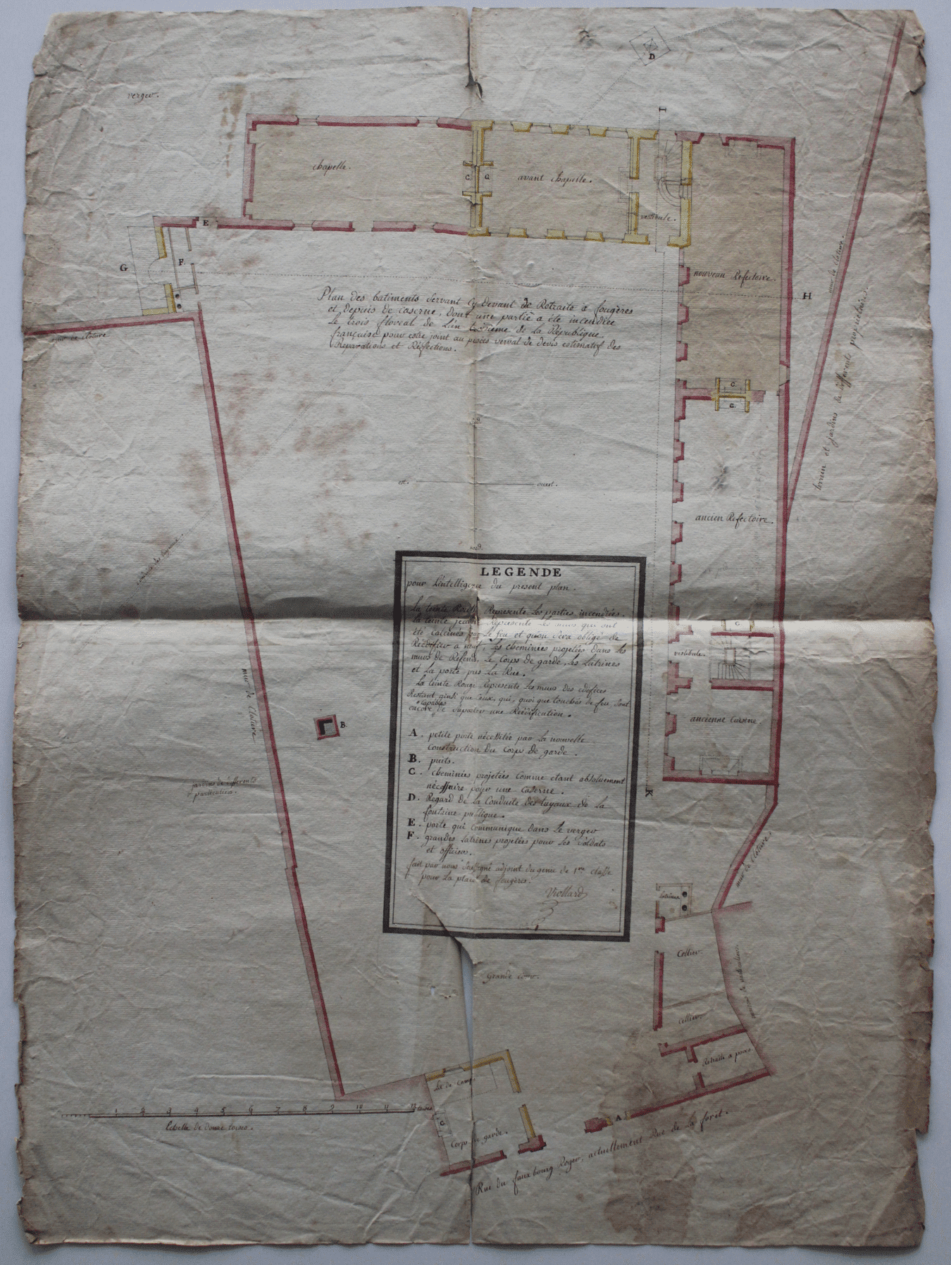 Visuel n°2 : Plan de reconstruction suite à un incendie des bâtiments de La Retraite servant de caserne, établi par Viollard, adjoint du génie de 1ère classe (vers 1795). AM Fougères 65 Z 145.