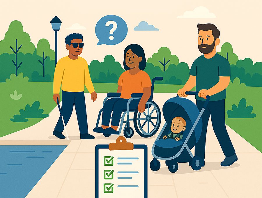 illustration de plusieurs personnes dans la rue : malvoyante, en fauteuil roulant, avec poussette