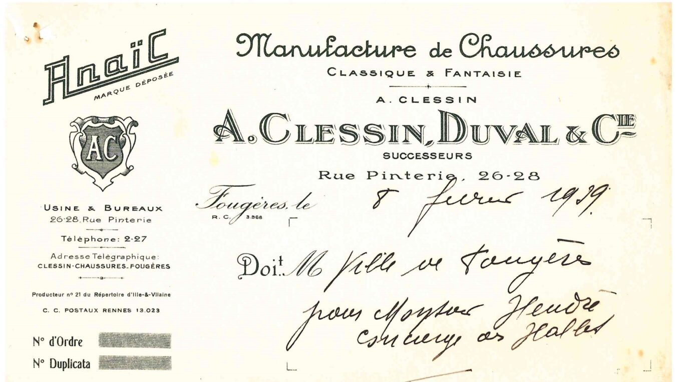 En-tête de facture de l’entreprise Clessin (début 20ème siècle). AM Fougères, 8 Fi 208.