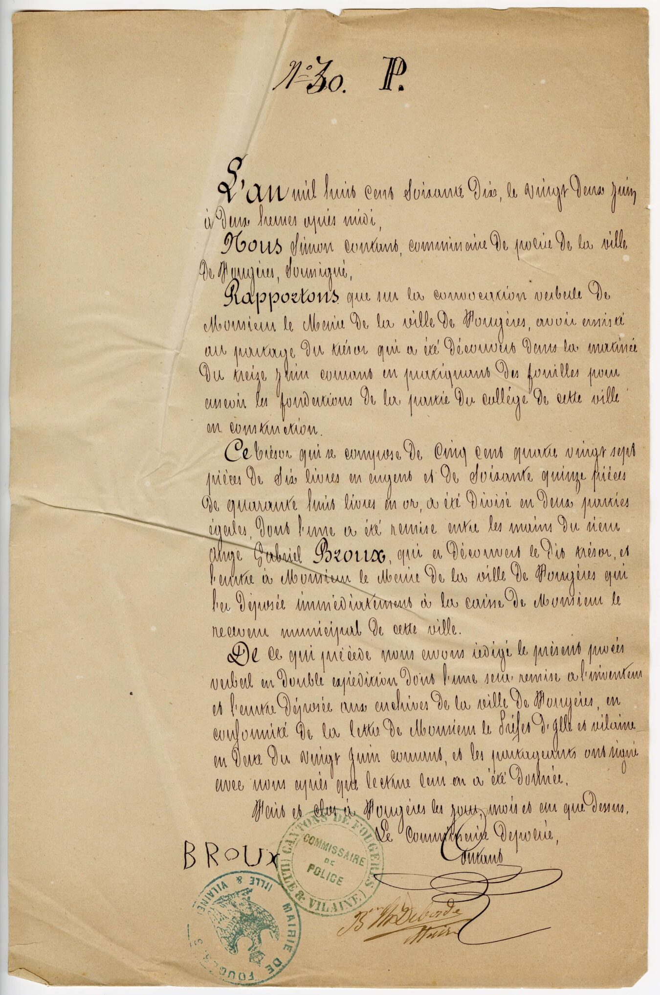 Vieux document rédigé à la main, signé et tamponné