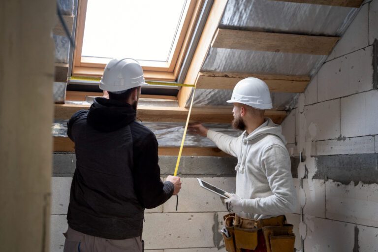 2 personnes sont en travaux dans une maison, il prennent des mesures sous un velux
