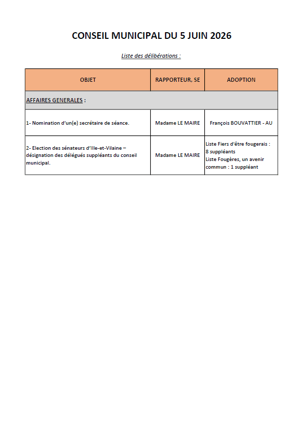 liste des délibérations 05.06.2026