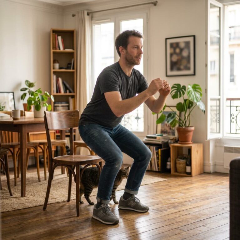 Un homme fait des squats dans son salon