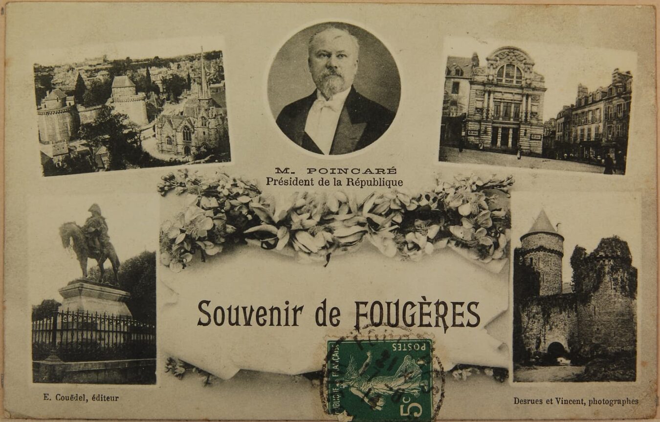 Carte poste ancienne avec plusieurs photos de fougères et notamment le portrait du président Raymond Poincaré